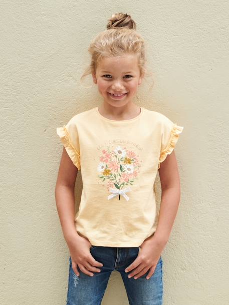 T-Shirt with Iridescent Motif & Short Ruffled Sleeves for Girls ecru+mauve+pale yellow - vertbaudet enfant 