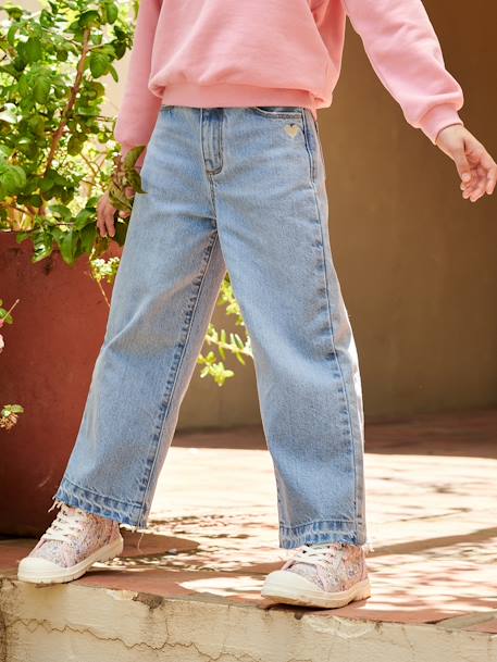 Wide-Leg Jeans, Frayed Hems, for Girls bleached denim+stone - vertbaudet enfant 