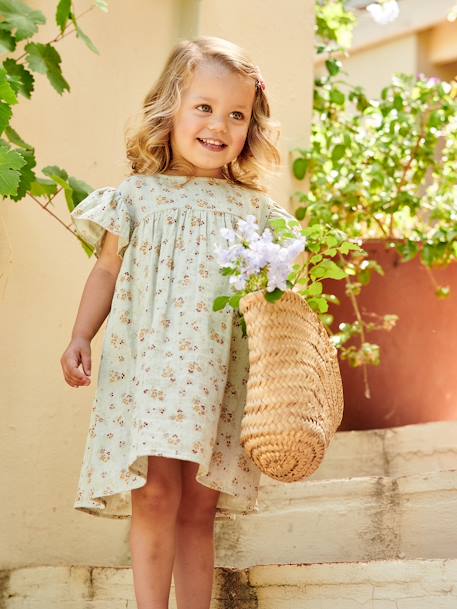 Printed Dress with Butterfly Sleeves, in Cotton Gauze, for Girls aqua green+BLUE LIGHT ALL OVER PRINTED+tomato red - vertbaudet enfant 
