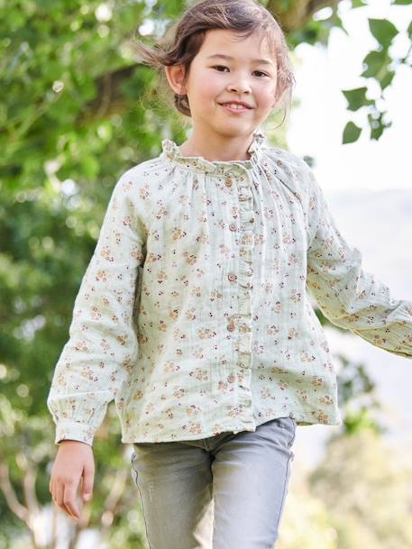 Blouse in Cotton Gauze with Ruffles & Floral Print, for Girls aqua green+ecru+pale pink+tomato red - vertbaudet enfant 