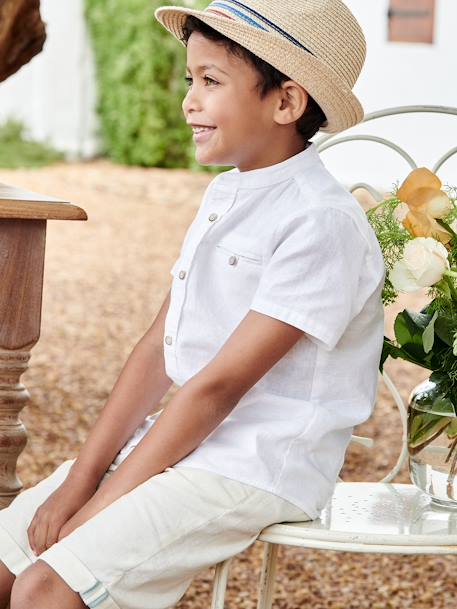Short-Sleeved Shirt with Mandarin Collar in Cotton/Linen for Boys Light Blue+White - vertbaudet enfant 