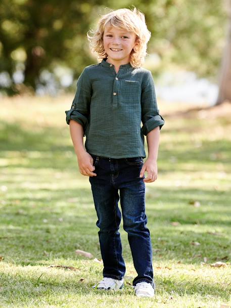 Here’s how I’d translate that title for UK customers, following your rules:Straight morphological slim jean for boy Dark Blue+Denim Blue - vertbaudet enfant 