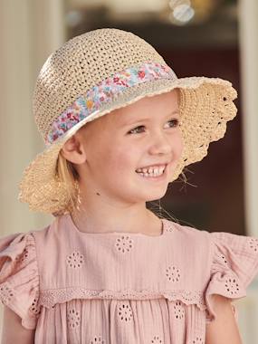 Girls-Accessories-Winter Hats, Scarves, Gloves & Mittens-Crochet-Effect Straw-Like Hat with Printed Ribbon for Girls
