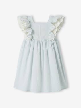 Girls-Striped Occasion Wear Dress, Ruffles on the Sleeves, for Girls