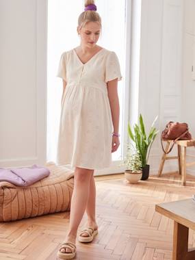 -Embroidered Cotton Gauze Dress, Maternity & Nursing Special