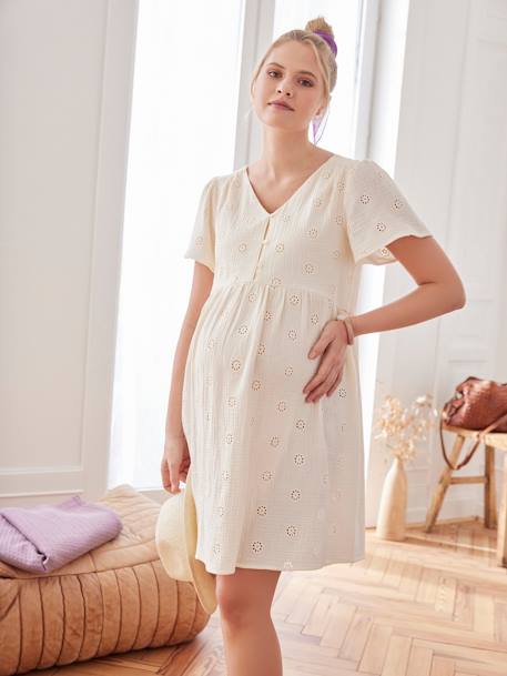 Embroidered Cotton Gauze Dress, Maternity & Nursing Special ecru+terracotta - vertbaudet enfant 