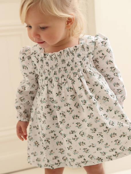 Smocked Dress with Flowers, for Babies white - vertbaudet enfant 