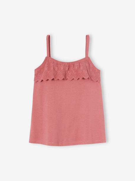 Sleeveless Top with Ruffles in Broderie Anglaise for Girls old rose+WHITE MEDIUM SOLID - vertbaudet enfant 