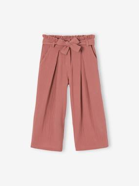 Girls-Trousers-Cropped, Wide Leg Paperbag Trousers in Cotton Gauze for Girls
