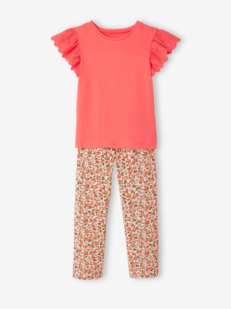 T-Shirt & Fluid Printed Trouser Combo, for Girls coral+emerald green+YELLOW MEDIUM SOLID - vertbaudet enfant 