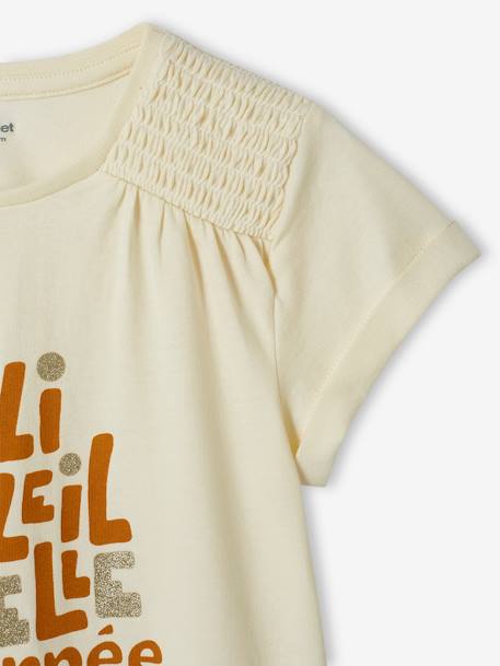 T-Shirt with Iridescent Message & Smocks on the Shoulders, for Girls ecru - vertbaudet enfant 