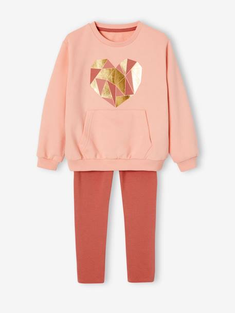 Sports Combo: Heart Sweatshirt & Techno Fabric Leggings for Girls ecru+peach - vertbaudet enfant 