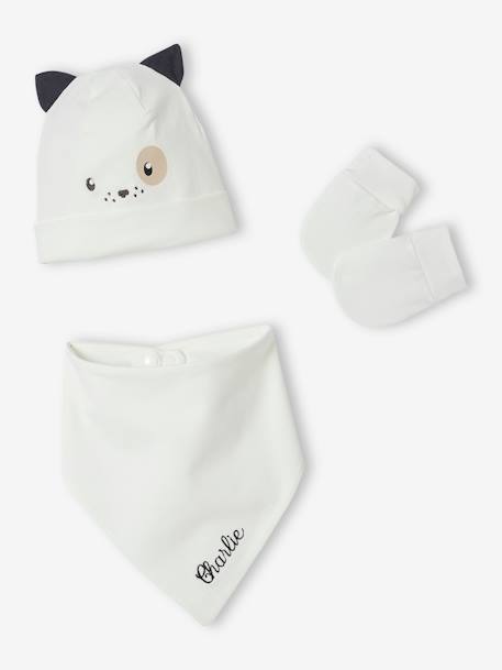 Ensemble chien bonnet + moufles + foulard bébé imprimé personnalisable blanc - vertbaudet enfant 