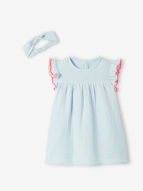 Dress & Headband with Bow, for Babies sky blue - vertbaudet enfant 