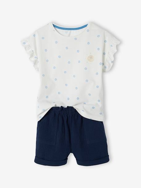 T-Shirt & Shorts Combo, in Cotton Gauze, for Girls navy blue+peach - vertbaudet enfant 