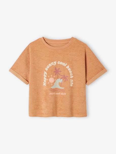 Terry Cloth T-Shirt with Palm Trees Motif for Girls clay beige - vertbaudet enfant 