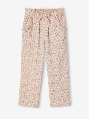 -Cropped Cotton Gauze Trousers with Floral Print, for Girls