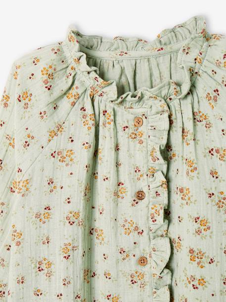 Blouse in Cotton Gauze with Ruffles & Floral Print, for Girls aqua green+ecru+tomato red - vertbaudet enfant 