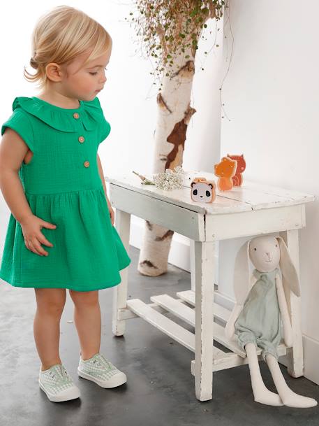 Dress in Cotton Gauze with Frilled Collar, for Babies green+orange - vertbaudet enfant 