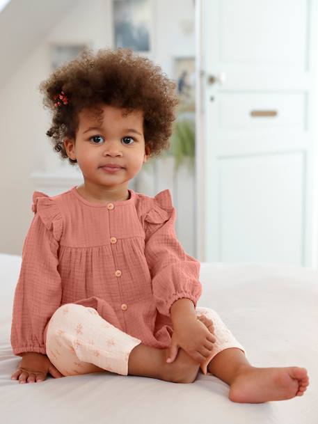 Blouse bébé gaze de coton à volants écru+vert amande+vieux rose - vertbaudet enfant 