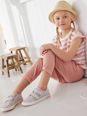 -Paperbag Trousers with Printed Scarf Belt for Girls