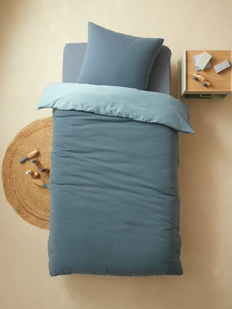 Parure housse de couette enfant et taie d'oreiller en gaze de coton bleu+rose+vert émeraude - vertbaudet enfant 