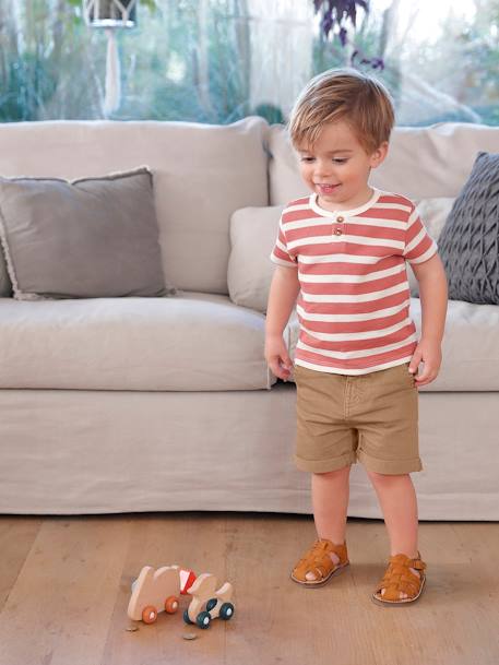 Striped Short Sleeve T-Shirt in Honeycomb for Babies tomato red - vertbaudet enfant 