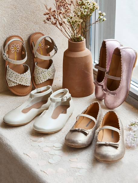 Leather Sandals with Crossover Straps for Girls old rose+white - vertbaudet enfant 