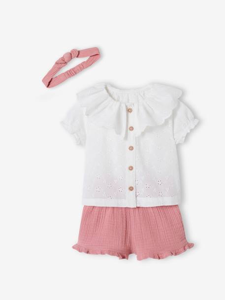Ensemble 3 pièces bébé blouse brodée, short en gaze de coton et son bandeau assorti rose - vertbaudet enfant 