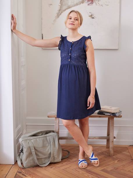 Short Dress in Jersey Knit & Broderie Anglaise, Maternity & Nursing Special navy blue+pearly grey - vertbaudet enfant 
