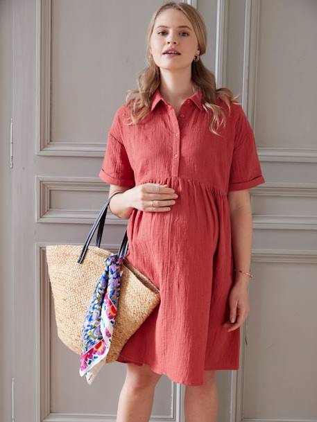 Embroidered Cotton Gauze Shirt Dress, Maternity & Nursing Special tomato red - vertbaudet enfant 