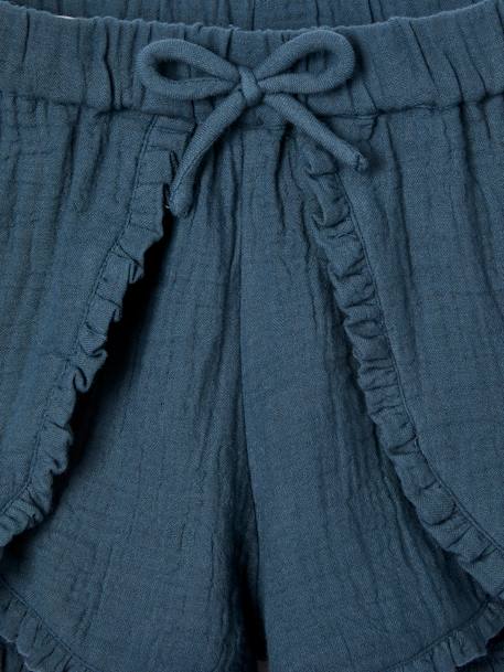 Fancy Ruffled Shorts in Cotton Gauze, for Girls ink blue - vertbaudet enfant 