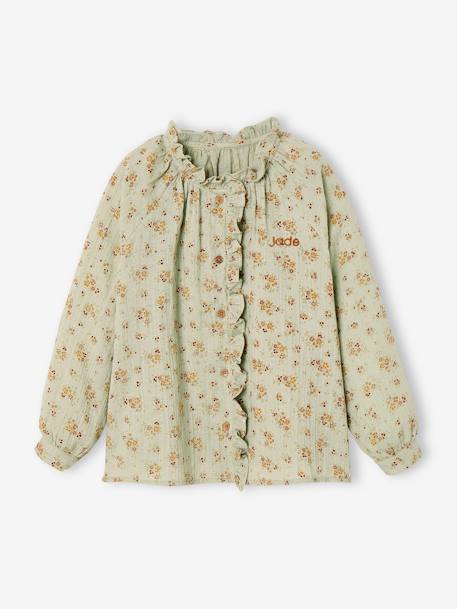 Blouse in Cotton Gauze with Ruffles & Floral Print, for Girls - aqua green,  Girls