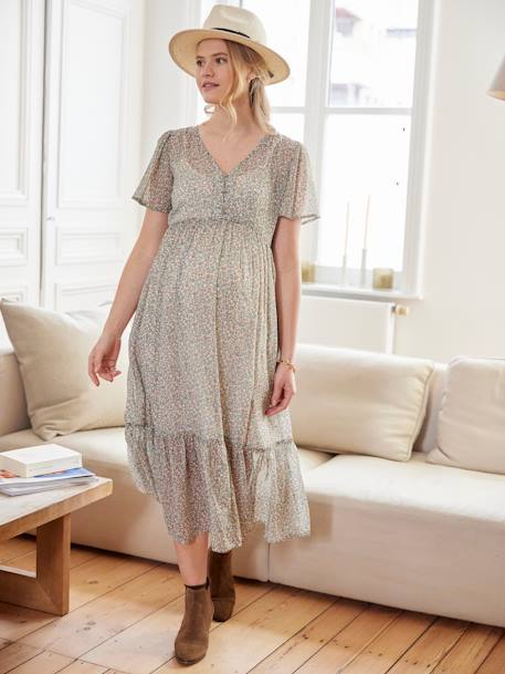 Long Frilly Dress in Printed Crêpe, Maternity & Nursing Special sandy beige - vertbaudet enfant 