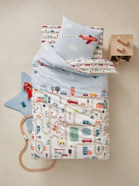 Children's Duvet Cover & Pillowcase Set, Auto City Theme Beige/Print - vertbaudet enfant 