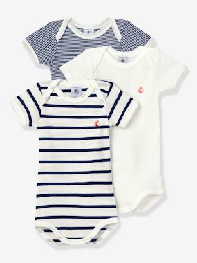 Baby-Bodysuits-Pack of 3 Short Sleeve Bodysuits in Organic Cotton, by Petit Bateau