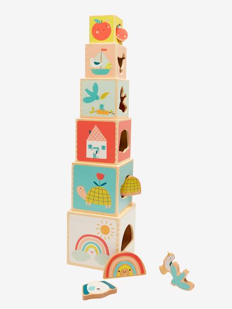 Cube Tower with Shape Sorter in FSC® Wood BEIGE MEDIUM SOLID WITH DECOR+Forest Friends+Forest Friends - vertbaudet enfant 