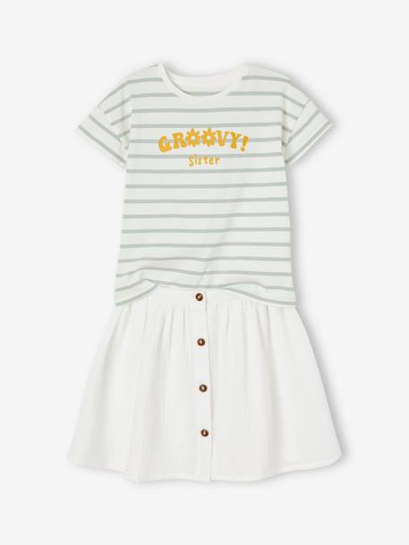Ensemble tee-shirt et jupe en gaze de coton fille écru+terracotta - vertbaudet enfant 