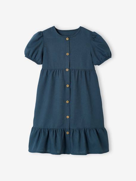 Buttoned Dress in Cotton/Linen for Girls ink blue - vertbaudet enfant 