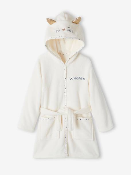 Cat Dressing Gown in Plush Fabric for Girls WHITE LIGHT SOLID WITH DESIGN - vertbaudet enfant 