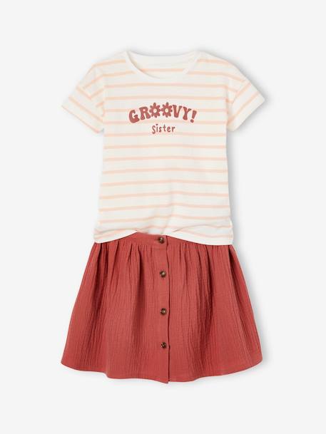Ensemble tee-shirt et jupe en gaze de coton fille écru+terracotta - vertbaudet enfant 