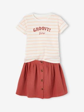 Girls-Outfits-T-Shirt & Skirt Combo in Cotton Gauze, for Girls