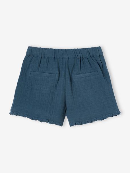 Fancy Ruffled Shorts in Cotton Gauze, for Girls ink blue - vertbaudet enfant 