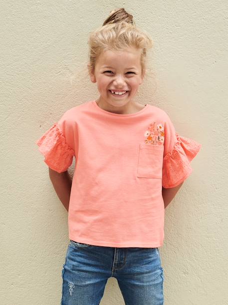T-shirt manches à volants en broderie anglaise fille écru+pêche - vertbaudet enfant 