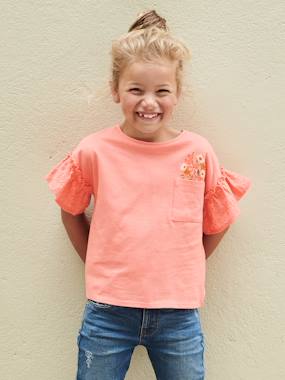 Girls-T-Shirt with Ruffled Sleeves in Broderie Anglaise for Girls