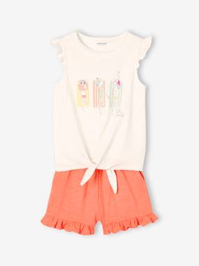 Girls-Outfits-Frilly Combo, Knot Effect T-Shirt & Shorts