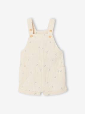 Baby-Dungarees & All-in-ones-Embroidered Dungaree Shorts in Cotton Gauze for Babies