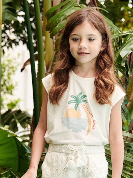 Sleeveless T-Shirt, Summer Motif, for Girls ecru+sweet pink - vertbaudet enfant 