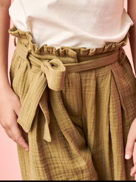 Cropped, Wide Leg Paperbag Trousers in Cotton Gauze for Girls khaki+old rose - vertbaudet enfant 
