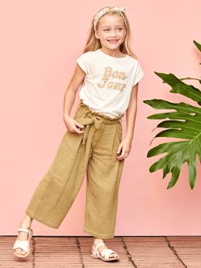 Cropped, Wide Leg Paperbag Trousers in Cotton Gauze for Girls  - vertbaudet enfant